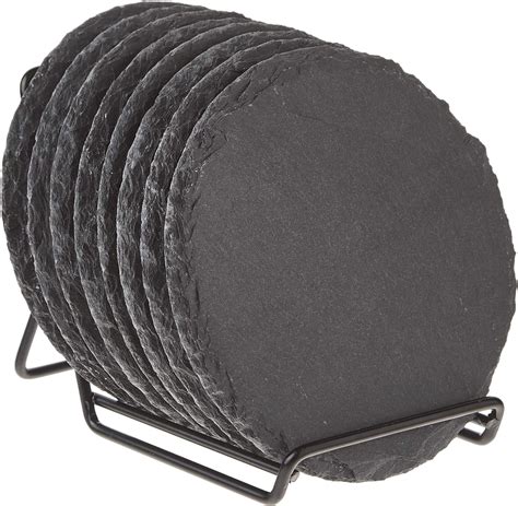 8 Pack Slate Stone Coasters Set With Steel Stand Round Black Natural