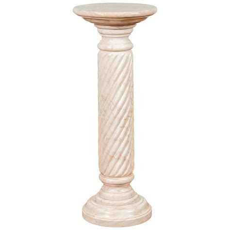 Vintage Indian Light Pink Marble Pedestal With Swirly Motifs And Pastel