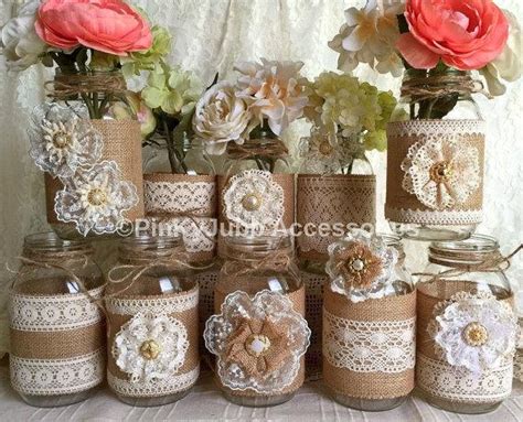 10x Natural Color Lace And Burlap Covered Mason Jar Vases Wedding