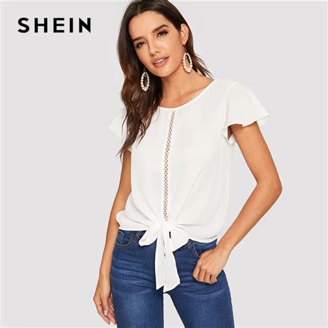 shein flutter sleeve lace insert knot front women tops and blouses 2019 summer casual solid