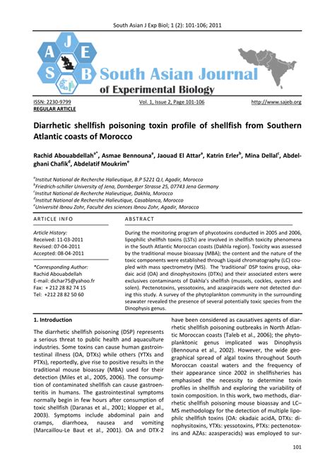 Pdf Diarrhetic Shellfish Poisoning Toxin Profile Of Shellfish From