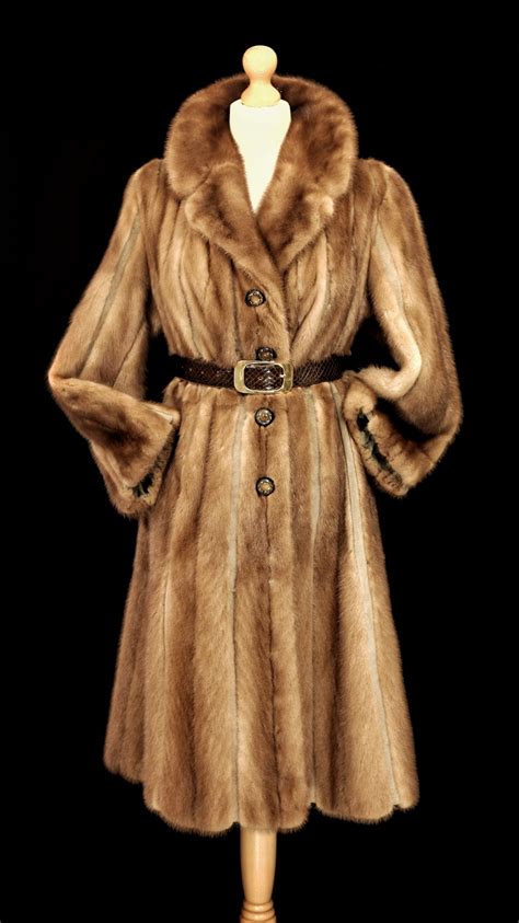 vintage long mink pastel light brown real fur coat with back belt and pretty buttons vintage