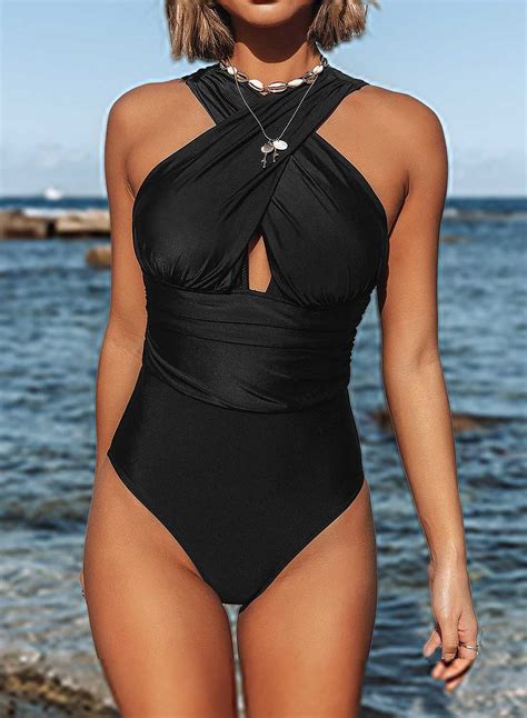 Women S High Neck Criss Cross Ruched One Piece Swimsuit Cut Out Solid Padded Monokini Bathing Suit