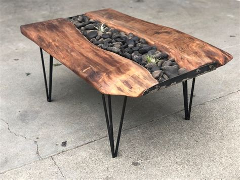 Walnut Coffee Table With River Rock Garden Etsy