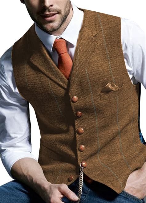 Aesido Mens Formal Vest For Suit Casual Plaid Tweed Wool Waistcoat