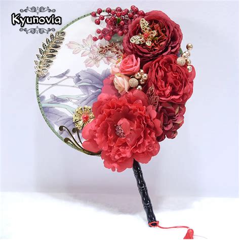 Kyunovia Wand Fan Bouquet With Crystals Red Peony Rose Flower Silk