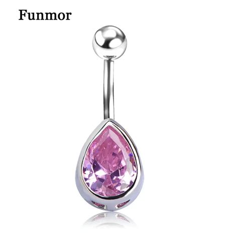 Pink Water Drop Navel Ring Silver Color Cubic Zircon Cz Sexy Belly Button Piercings Simple