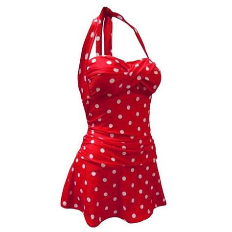 Halter Tie Swim Dress In Red And White Polka Dot Flattering Fit Fully