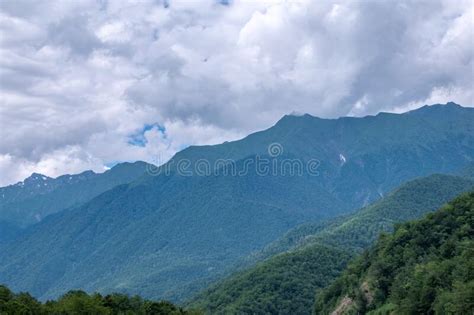 High Green Mountains With Snowy Peaks In Clouds And Fog Stock Image