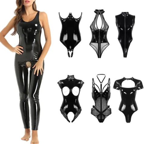 Women Wet Look Leather Leotard Sexy Crotchless Bodysuit Catsuit