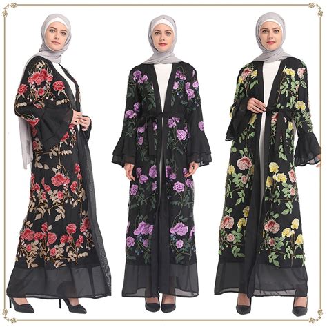 Muslim Women Shift Outfit Front Open Chiffon Embroidery Floral Dress