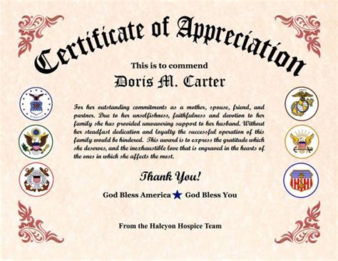 Military Certificate Of Appreciation Veteran Veterans Template