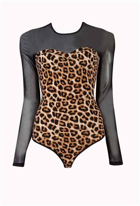 Lyst Forever 21 Mesh Leopard Print Bodysuit In Brown
