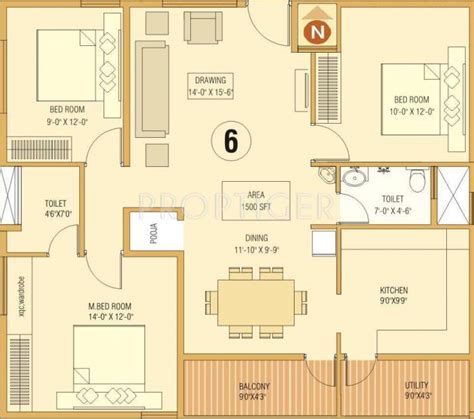 3bhk Floor Plan In 1500 Sq Ft House Design Ideas