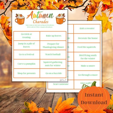 Autumn Charades Printable Fall Game Autumn Activity For Etsy