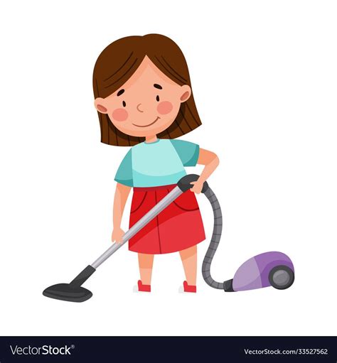 Babe Girl Standing And Vacuuming The Floor Vector Illustration Cute Kid Cleaning Room And