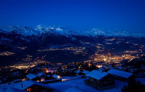 Switzerland Houses Winter Mountains Night Snow Sion Cities
