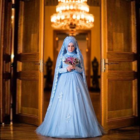 Blue Muslim Wedding Dress Formal Long Sleeve Islamic Arabic Bridal Gown Luxury Applique Hijab