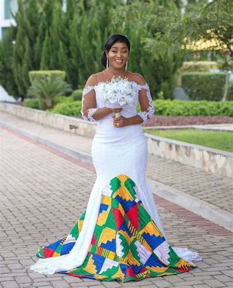 Clipkulture Beautiful Ghanaian Bride In White And Kente Train Wedding Gown Traditional