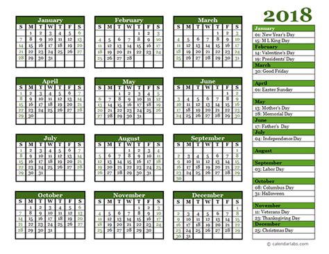 Editable 2018 Yearly Calendar Landscape Free Printable Templates