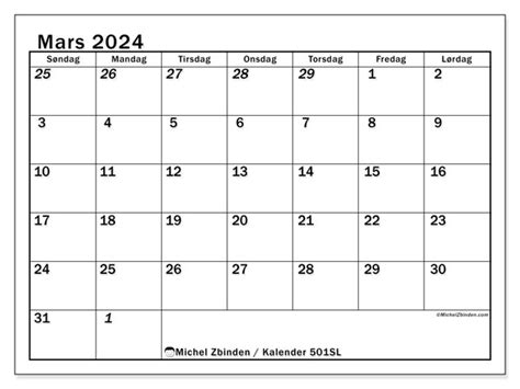 Kalender For Mars 2024 For Utskrift “501sl” Michel Zbinden No