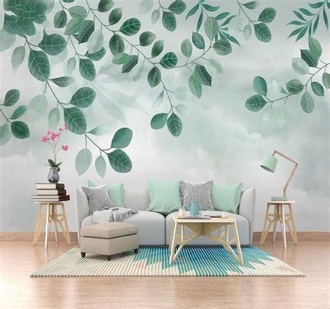 Spring Hanging Olive Green Leaves Wallpaper Wall Muralgreen Etsy