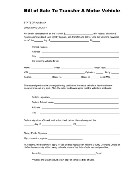 Free Alabama Vehicle Bill Of Sale Form For Limestone Download Pdf Word