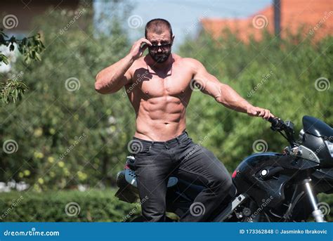 Muscular Man And Motorcycle Stock Photo Image Of Freedom Outdoors