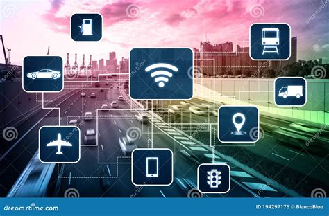 Smart Transport Technology Concept For Future Car Traffic On Road Stock