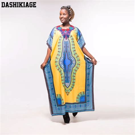 Dashikiage Fashion Women Traditional African Print Beach Yellow Blue Dashiki Boho Maxi Long