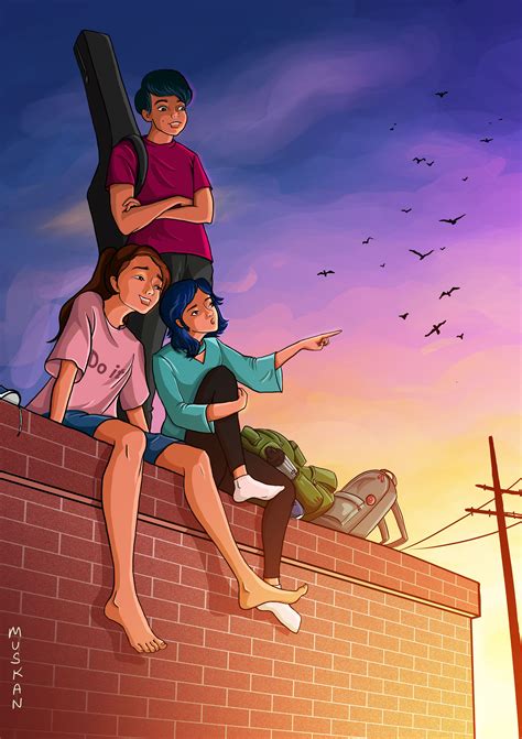 Three People Sitting On Top Of A Brick Wall With Birds Flying In The
