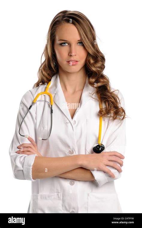 Portrait Of Beautiful Doctor Or Nurse With Arms Crossed Isolated Over White Background Stock