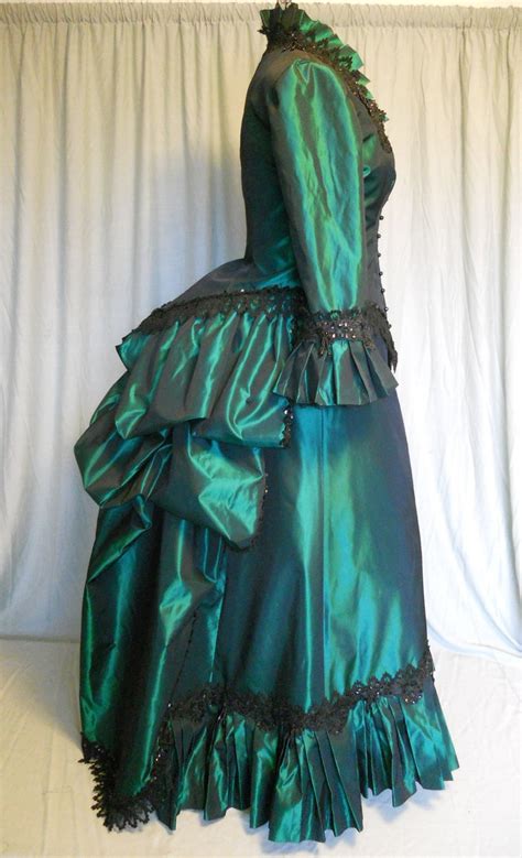 On Sale Victorian Bustle Dress In Emerald Green Taffeta With Black