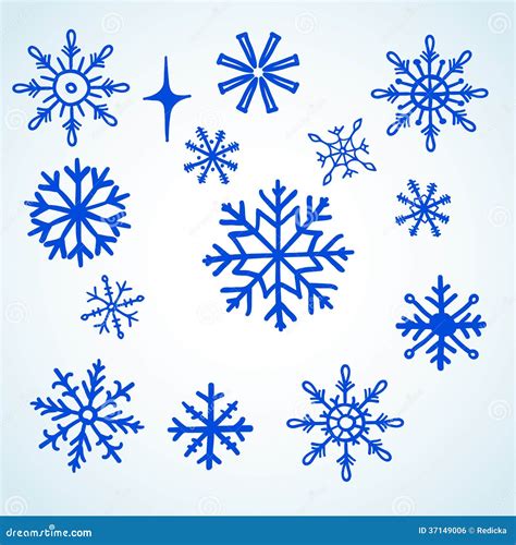 Set Blue Snowflakes Doodle Stock Vector Illustration Of Snowfall