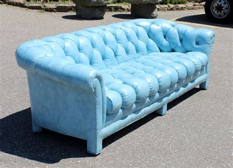Mid Century Modern Tufted Blue Leather Chesterfield