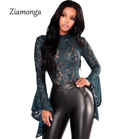 Ziamonga Women Sexy Black Lace Bodysuit See Through Turtleneck Long Flare Sleeve Backless