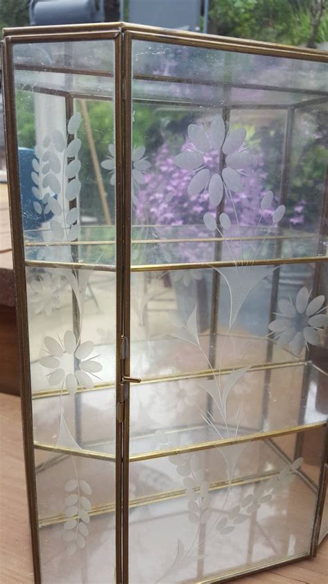 Vintage Glass Display Cabinet Etched Glass Shelf Jewelry Box Mirror Curio Cabinet Glass