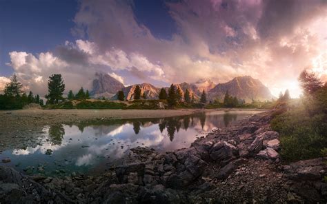 Lake Sunset Mountain Clouds Italy Reflection Nature Trees Sky