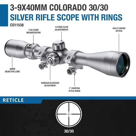 3 9x40mm Colorado 3030 Silver Rifle Scope With Rings Co11538 Barska