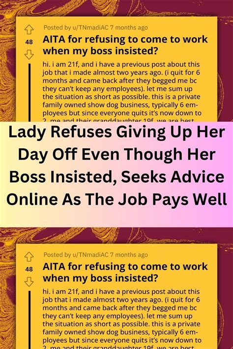 lady refuses giving up her day off even though her boss insisted seeks advice online as the job