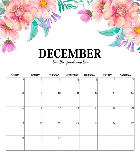 Cute December 2019 Calendar Design Print Calendar Print Out Calendar