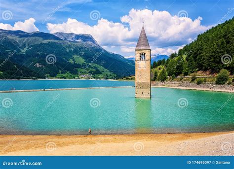 Church In The Lake Reschensee Bell Tower South Tyrol Italy Stock