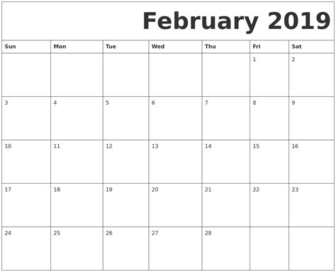 February 2019 Blank Calendar Template Blank Monthly Calendar Template