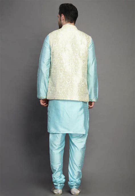 Buy Brocade Art Silk Kurta Jacket Set In Sky Blue Online MXX110 Utsav Fashion