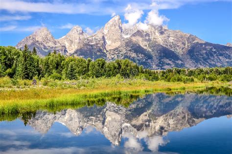 Grand Teton Mountains Landscape View With Water Reflection Usa Stock