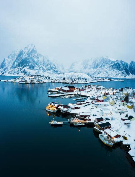 Aerial Panoramic Of Reine Village At Dusk Nordland Lofoten Islands Norway