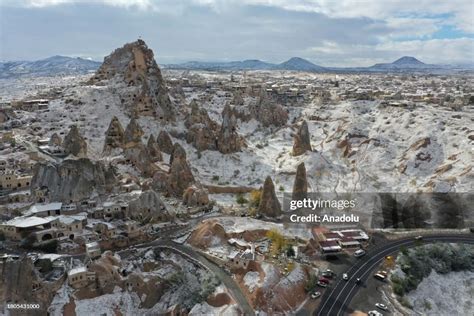 An Aerial View Of The Snow Covered Fairy Chimneys After Snowfall In