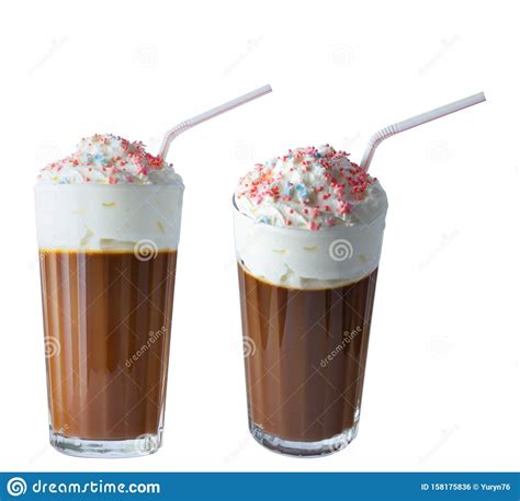 Cappuccino Coffee With Whipped Cream In A Tall Glass A
