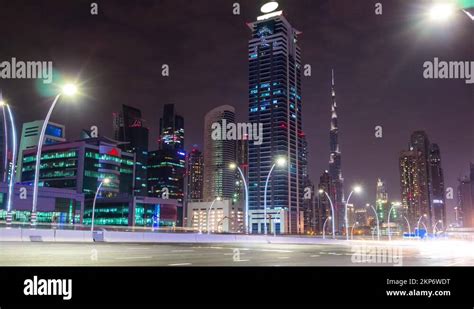 Night Dubai Downtown Sheikh Zayed Traffic Road Panorama 4k Time Lapse