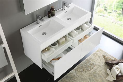 48 White Wall Hung Double Sinks Modern Bathroom Vanity With Faucet